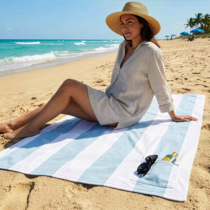 Plážová osuška LAGUN 90x170 cm s vreckom modro biela 